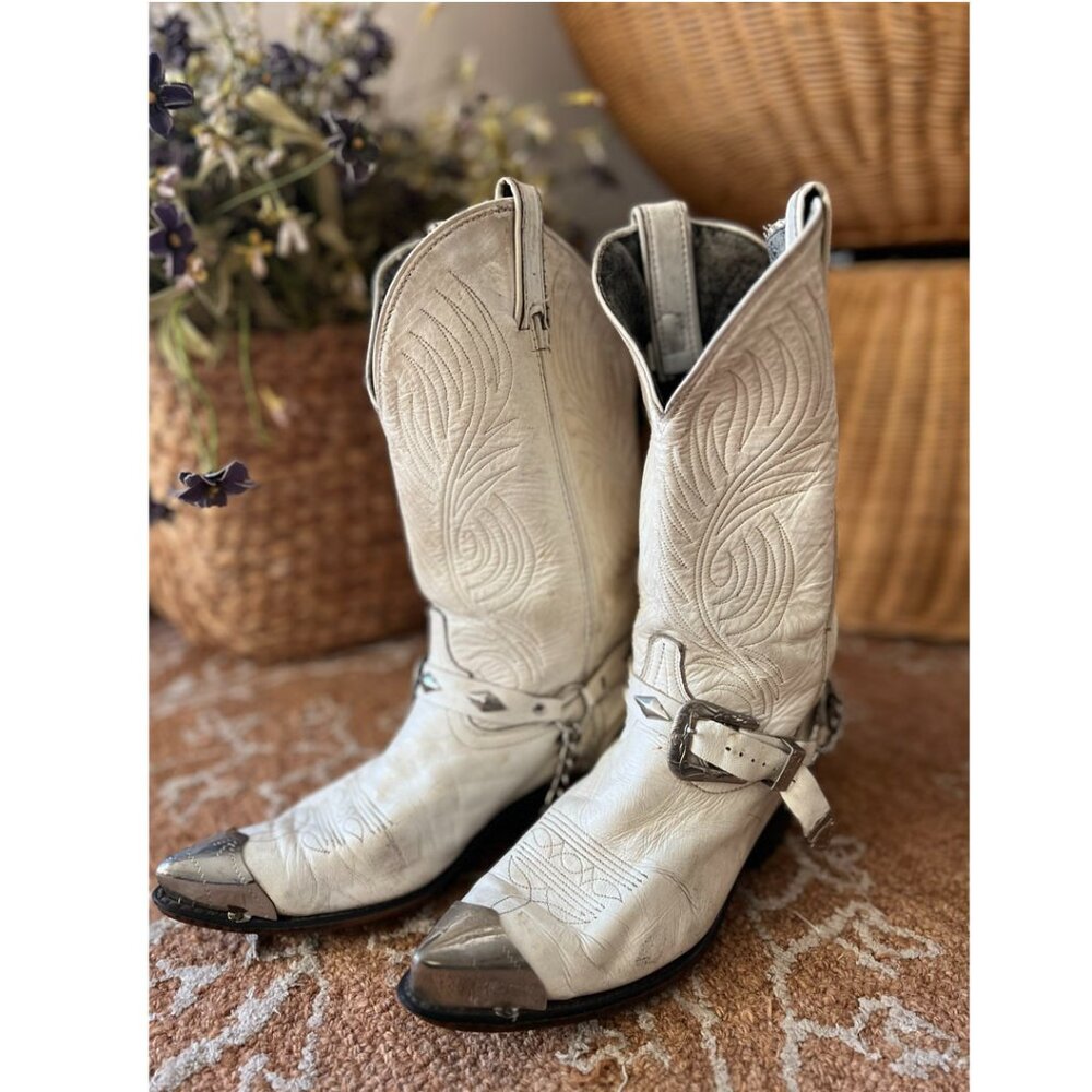 Very Rare, Vintage Code West White Leather Cowboy Boots, Size 8